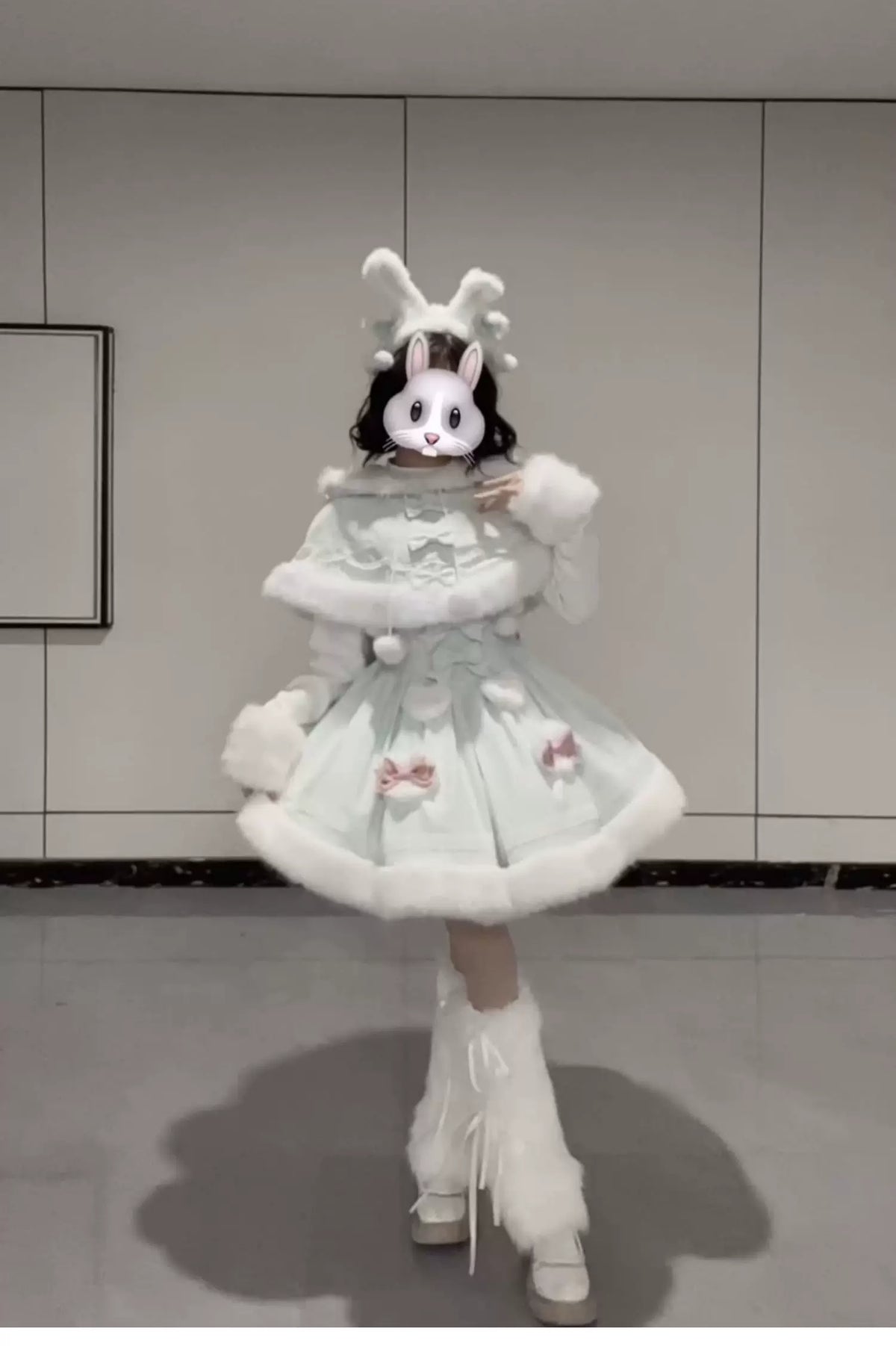 Sweet Dream Bunny - Sweet Lolita Cape & JSK Dress Set, Faux Fur Bunny Ear 46120:875819