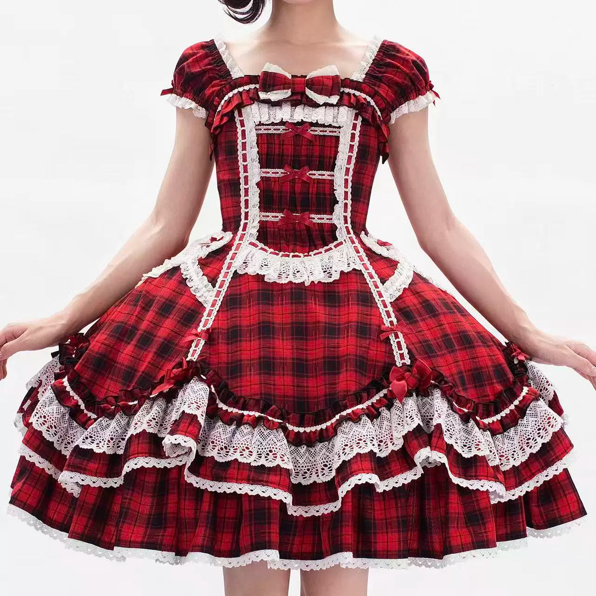 Plaid Lace Bunny - Old School Lolita Plaid OP Dress, Lace Trim (L M S XL XS / Pre-order) 45992:871287