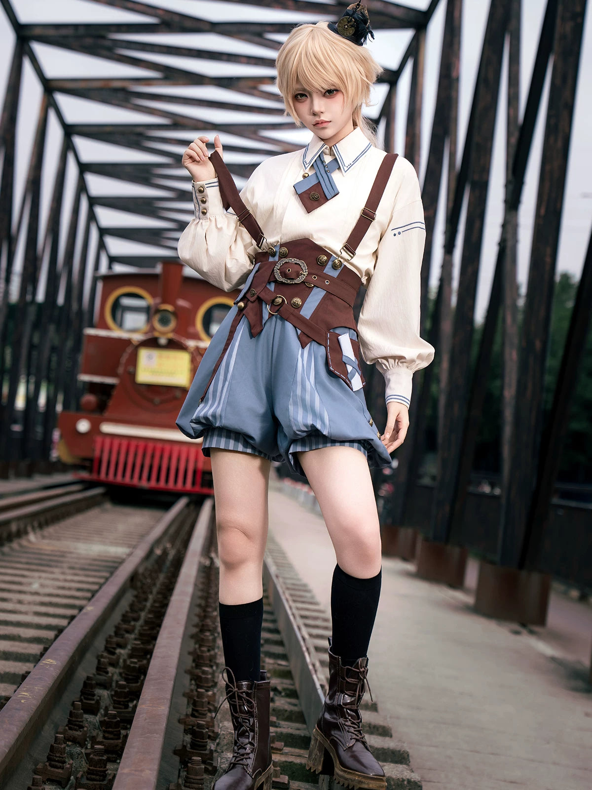 Poem of Wind & Compass - Ouji Lolita Blouse & Faux-Suspender Bloom Shorts Set 45919:868263