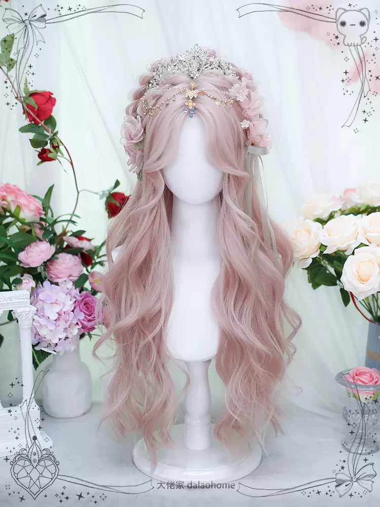 Dalao Home~Di~Daily Pink Lolita Wig Long Curly Hair Figure-eight Bangs Pink wig with a hairnet  