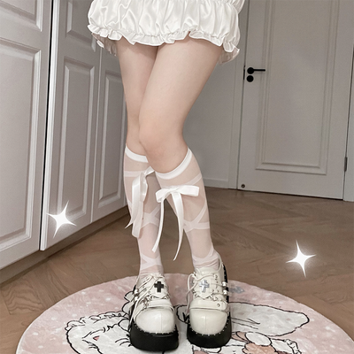 Roji roji~Uniform Cotton Lolita Autumn Calf Socks free size silk stockings white bow tie 