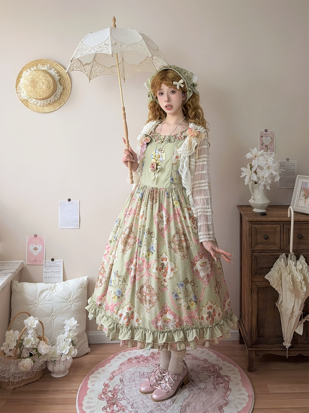 Miss Point~Cat Rose Tea~Sweet Lolita Tulle Cardigan and Long Skirt Overlay