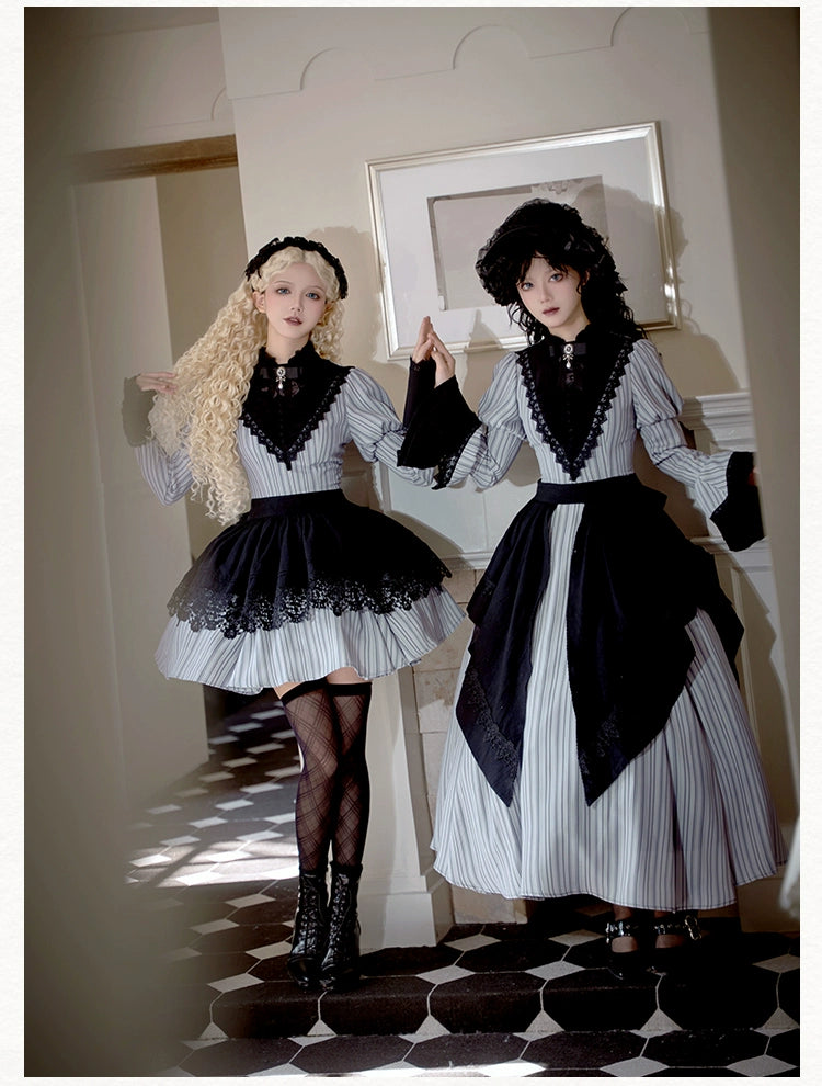 With PUJI~Nocturne SP~Striped Gothic Lolita OP Twin Lolita Dress with Apron