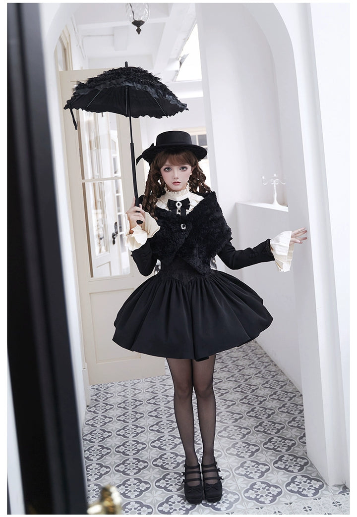 With PUJI~Old Testament~Classic Lolita Coat Black Plush Lolita Cape and Brooch