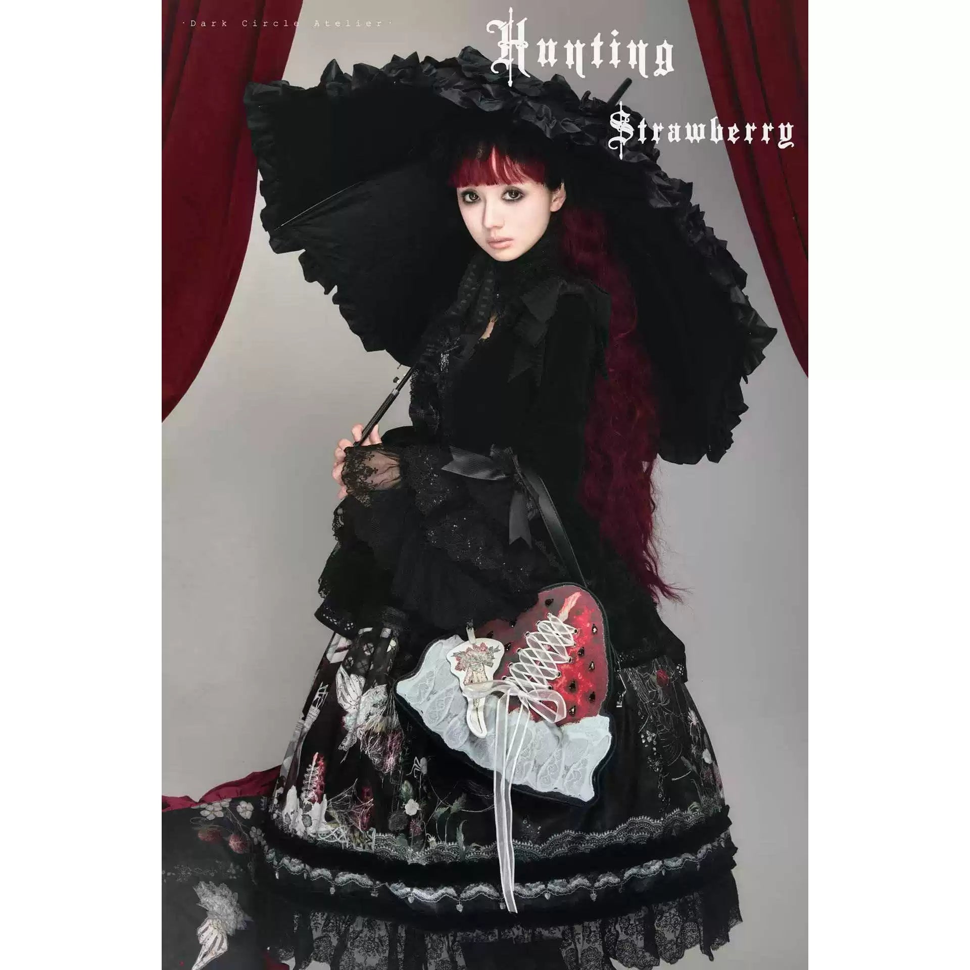 Monster Strawberry Hunt - Gothic Lolita Strawberry Printed Velvet Dress Set 45737:859883