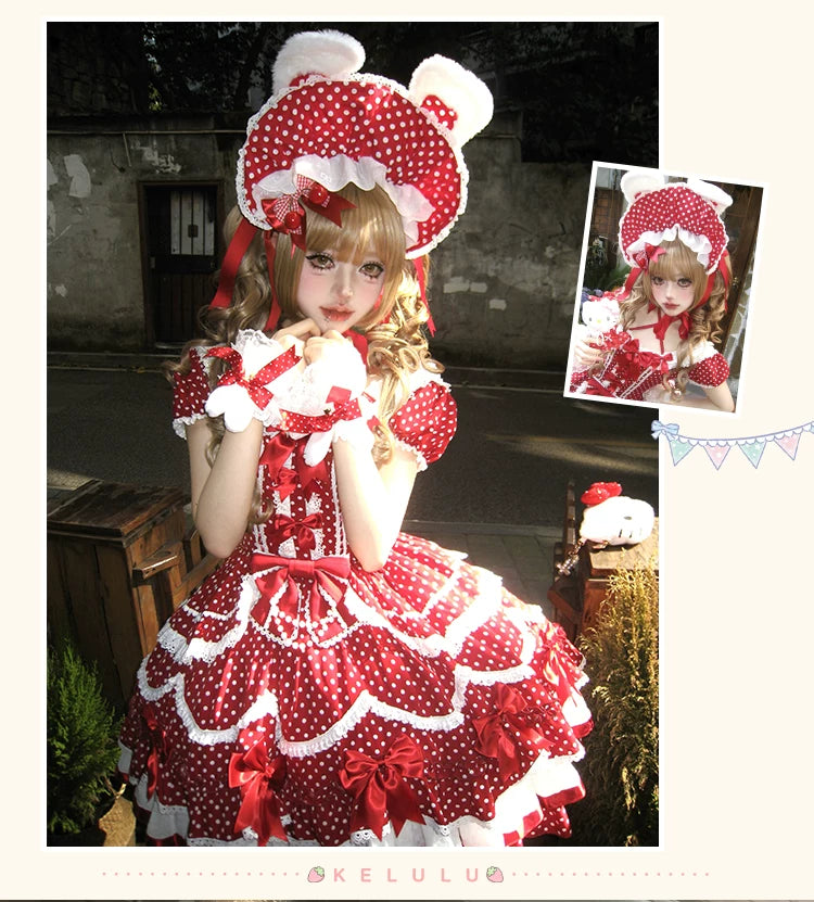 Berry Dew Drops - Red Old School Lolita OP Dress, Polka Dot