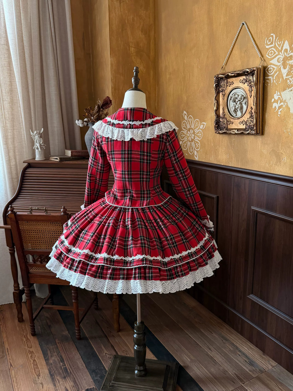 Christmas Knot - Christmas Old School Lolita Jacket & Skirt Set, Red Plaid 46051:873269
