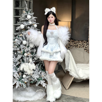 (BFM)Diamond Honey~Snow Country Elf~Elegant Lolita Dress Set with Plush Sparkling Diamonds S blue dress 