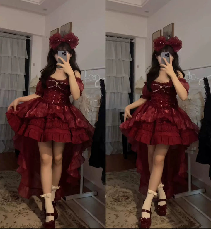 (BFM)Sugar Girl~Rose Tale~Sweet Lolita JSK Summer Lolita Suspender Dress S Burgundy JSK 