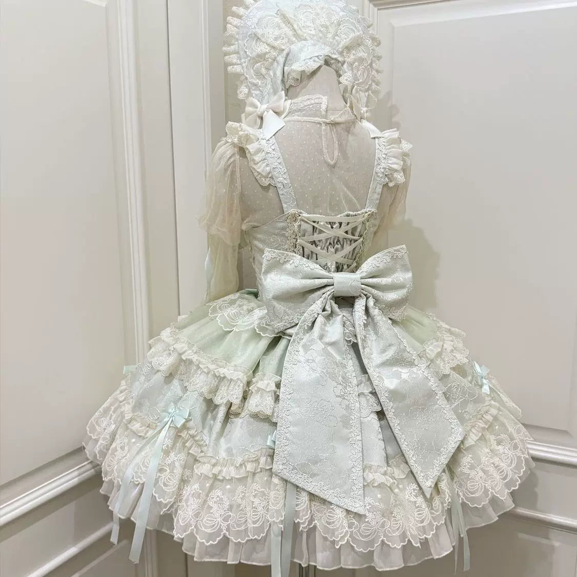 Blooming Love - Ballet-inspired Sweet Lolita JSK Dress, Lace & Bows Green - JSK + Back Trailing Bow S