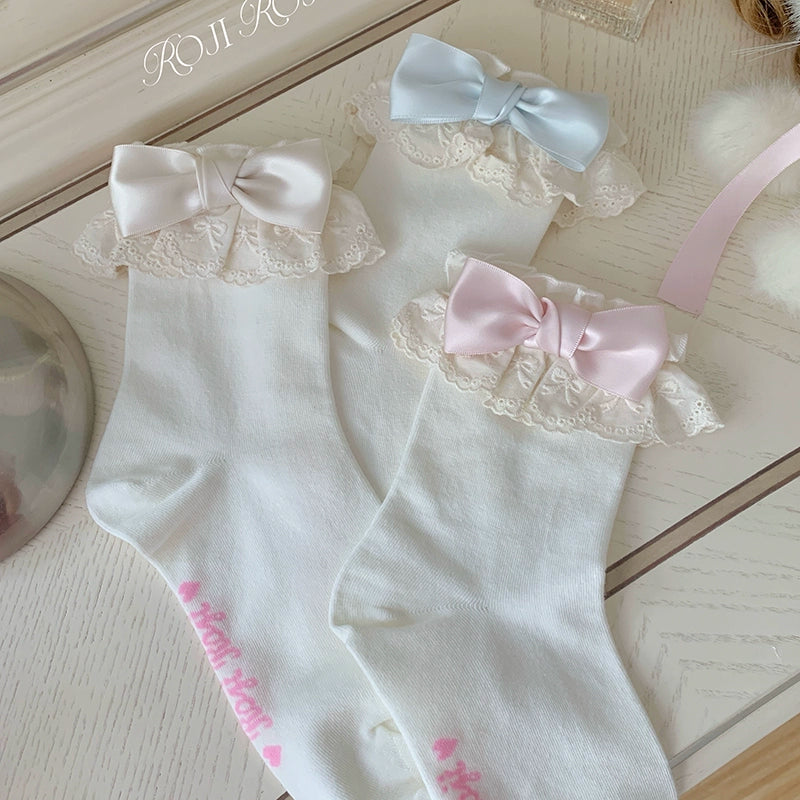 Roji Roji~Cotton Lolita Socks Lace Bow White Socks   