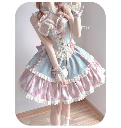Kuma~Sweet Cowboy~Sweet Lolita Pastel Colors Denim Skirt Set XS blue with pink plaid top + skirt 