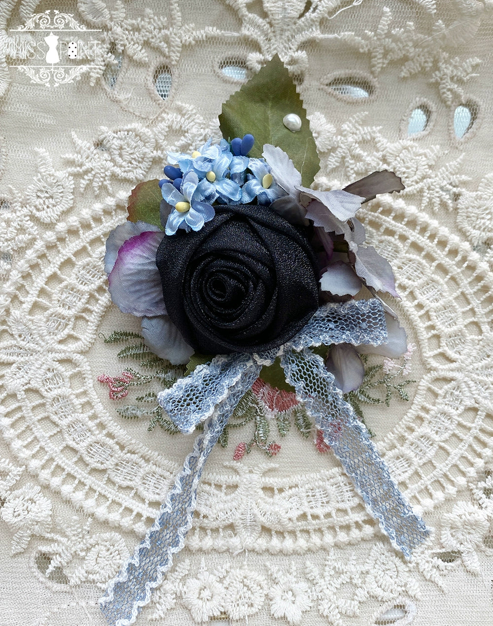 Miss Point~Sweet Lolita Accessories KC Hair Clip Brooch Waistband Cuffs Black Flower Dual-Use Brooch  