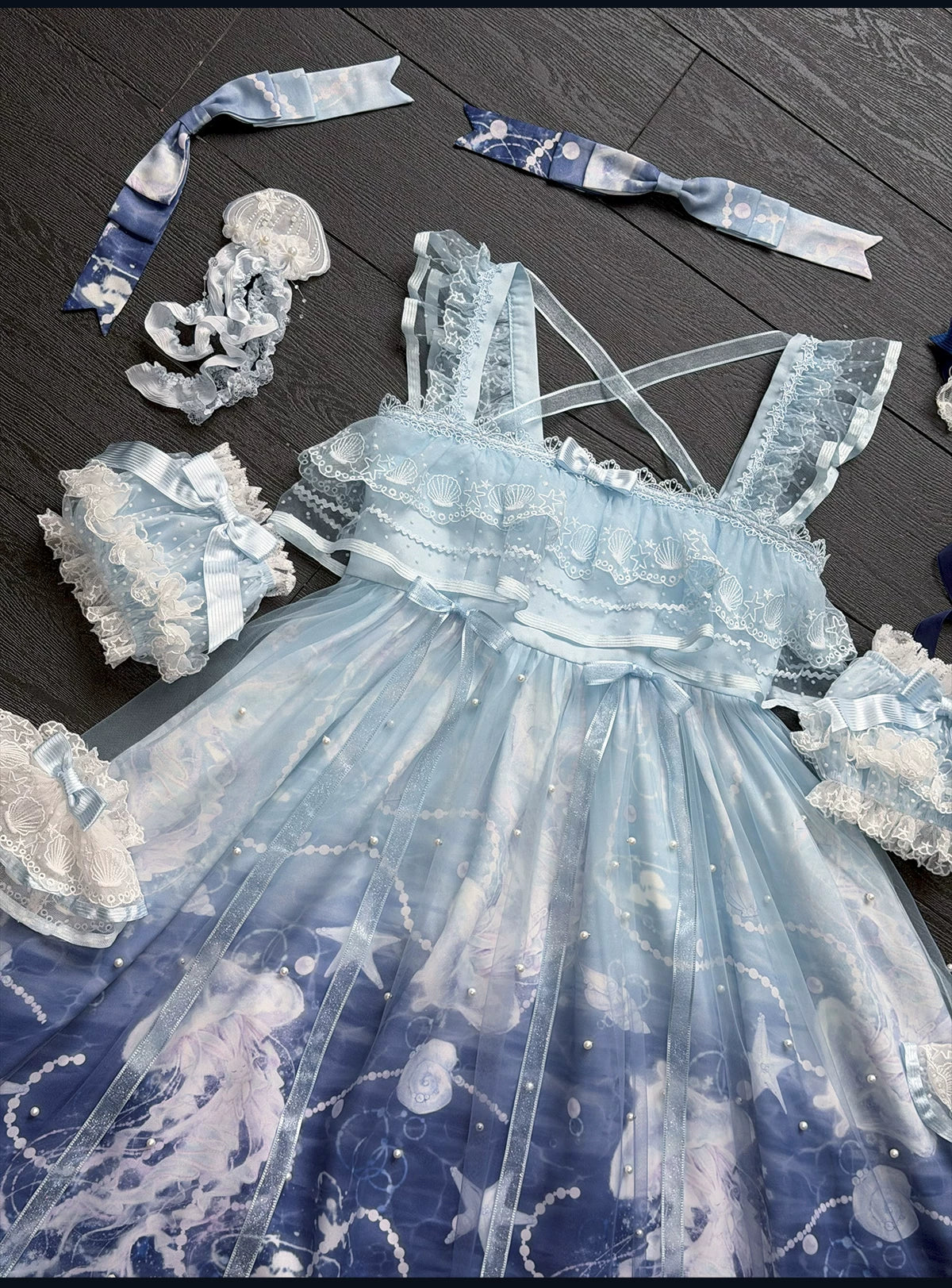 Windchime Jellyfish - Sweet Lolita Halter Neck JSK Dress, Jellyfish Print & Overlay 45756:861341