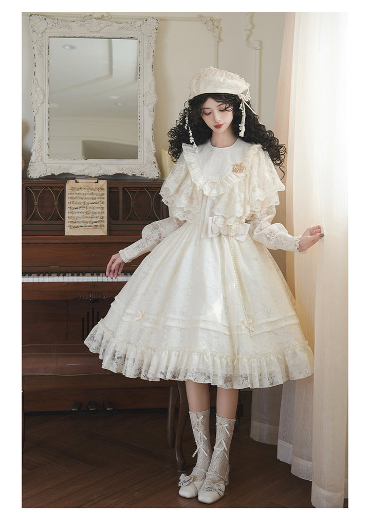 With PUJI~Floral Melody~Ivory Classic Lolita Long Sleeve OP Dress with Layered Bolero