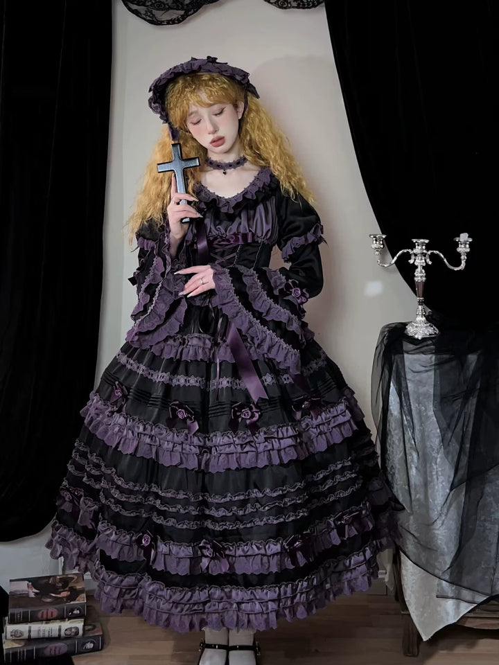 Uncle Wall Original~Stacked Black Currant~Gothic Lolita OP Dark Adjustable Lolita Dress   