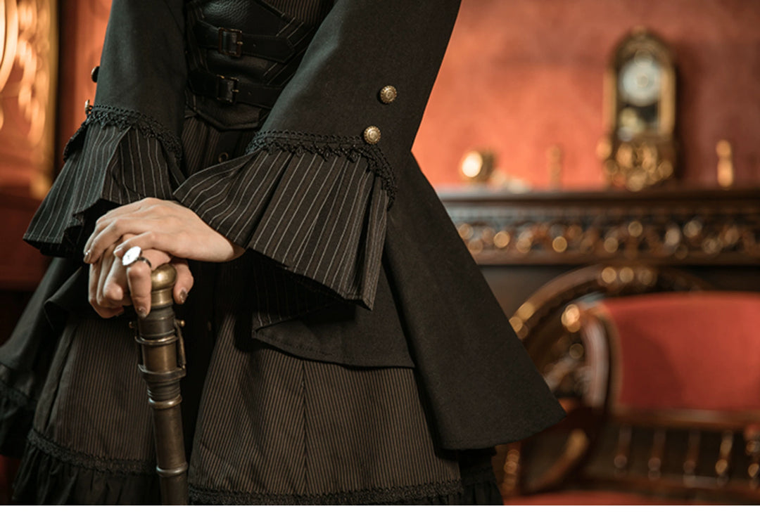 (BFM)Mr. Yi's Steam Continent~Gothic Lolita Skirt Black High-Waisted Leather Waistband Skirt