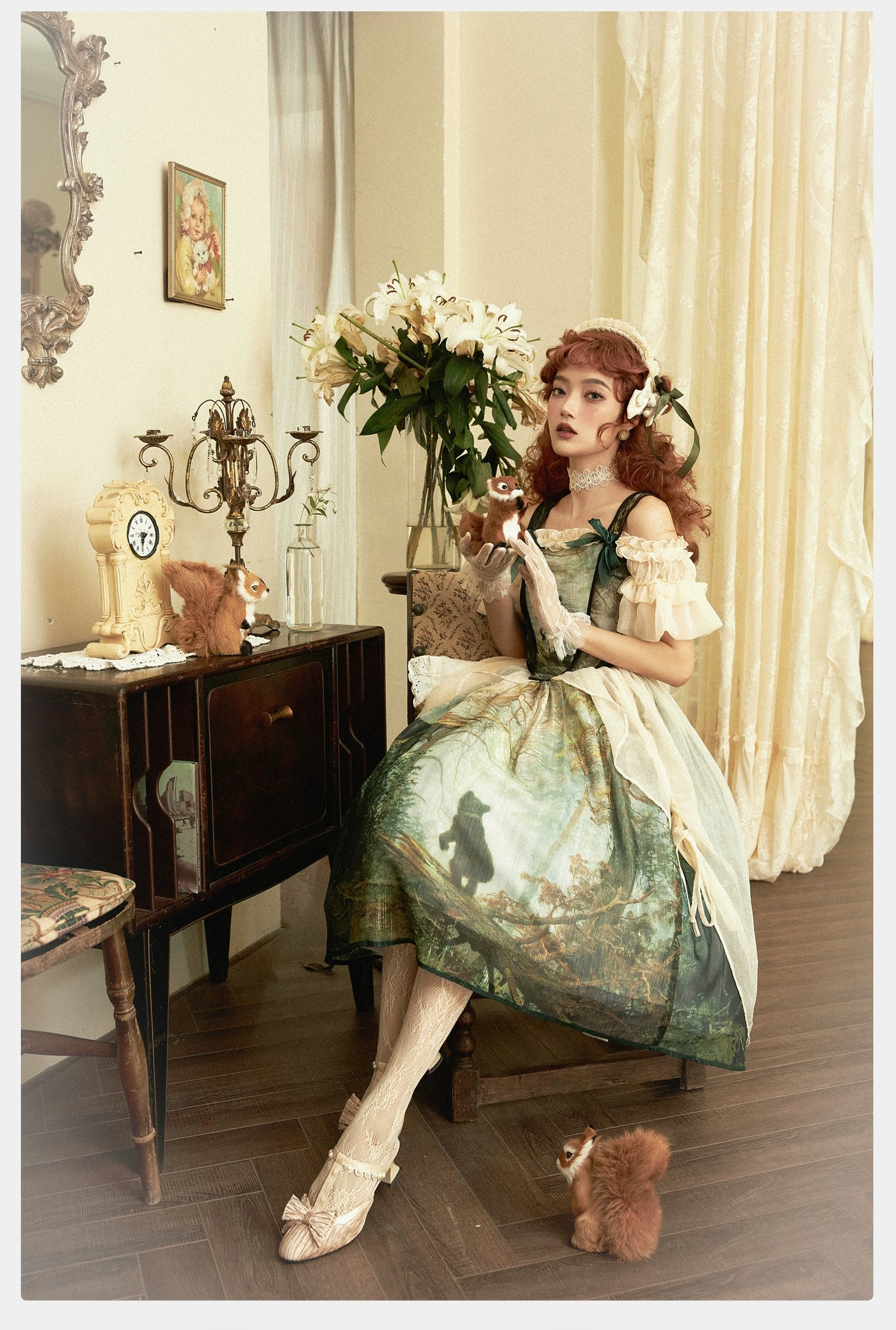 Cyan~Morning of Pine Forest~Elegant Lolita Bear Print Skirt   