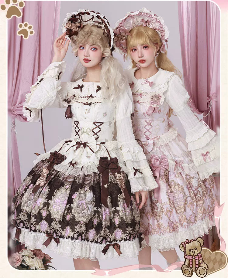 Antique Teddy Bear - Classic Lolita Printed JSK Dress with Ribbon Bows 45538:853266