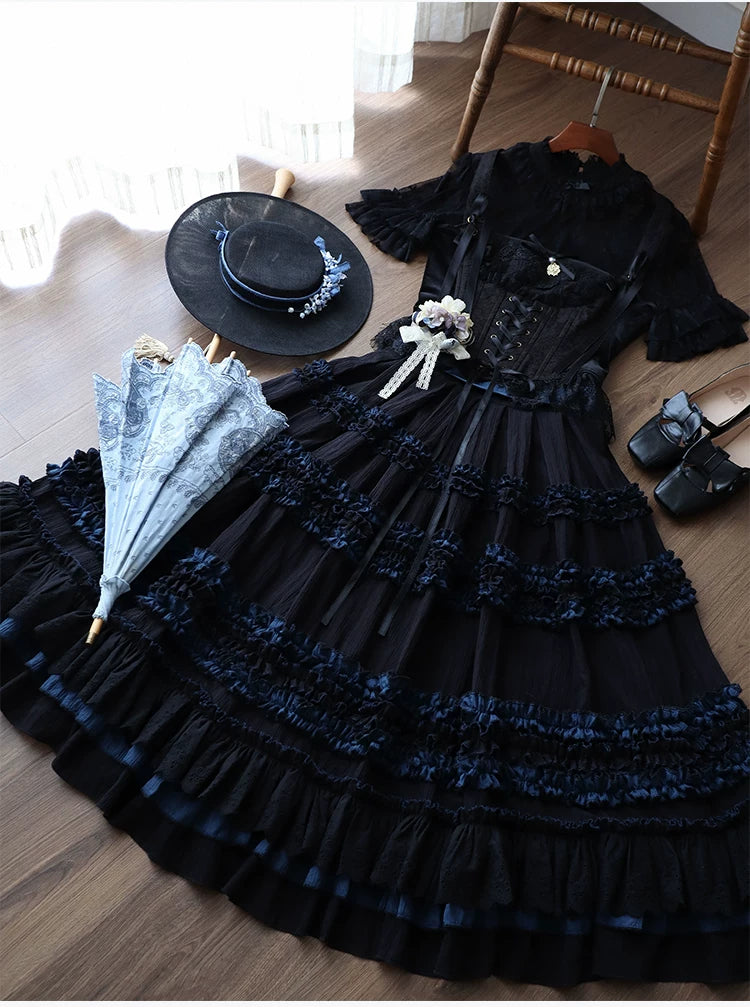 Wings and Bouquet - Dark Classic Lolita Blouse and SK Set, Layered Blue Ruffles 45680:858279