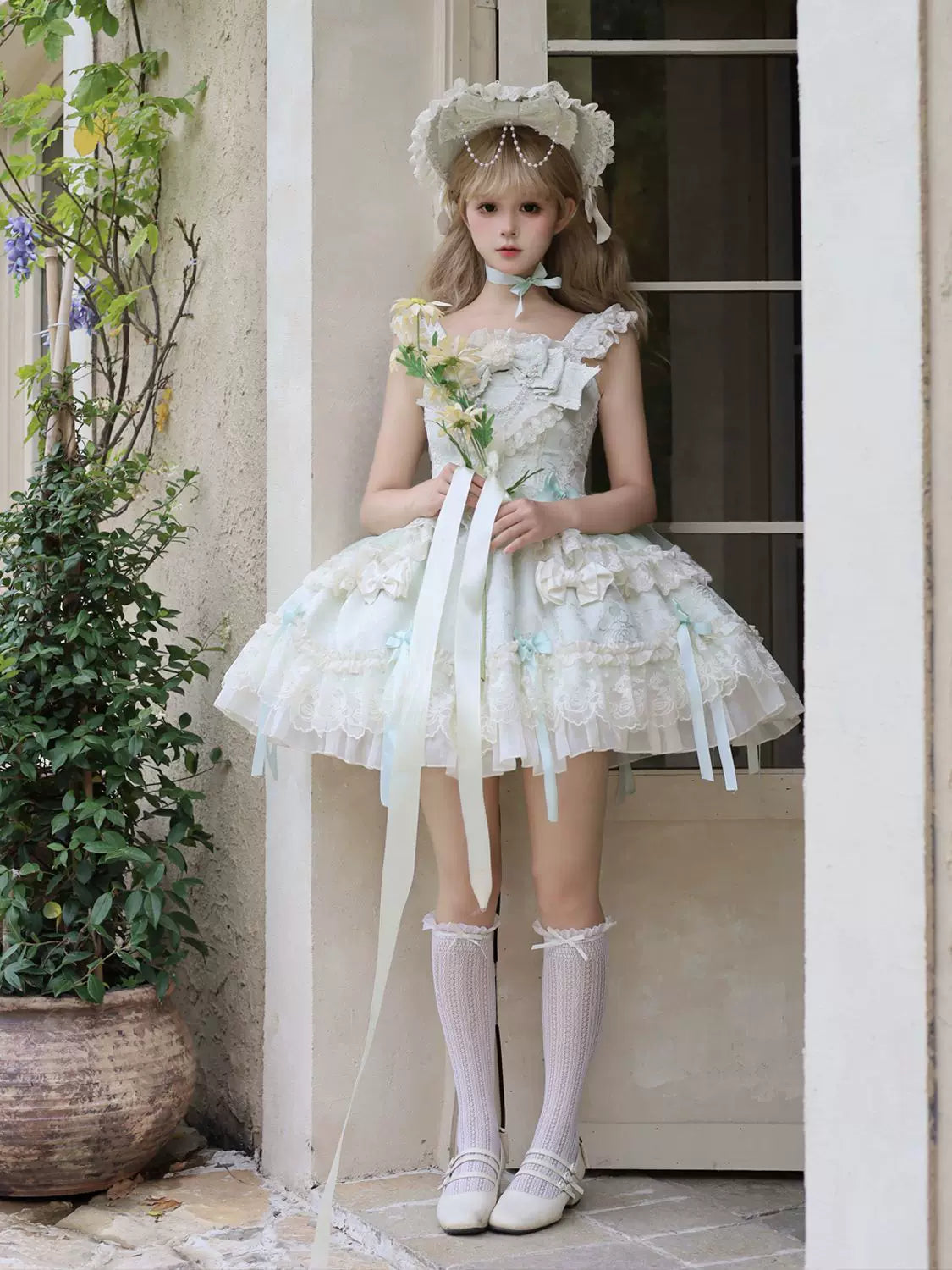 Blooming Love - Ballet-inspired Sweet Lolita JSK Dress, Lace & Bows