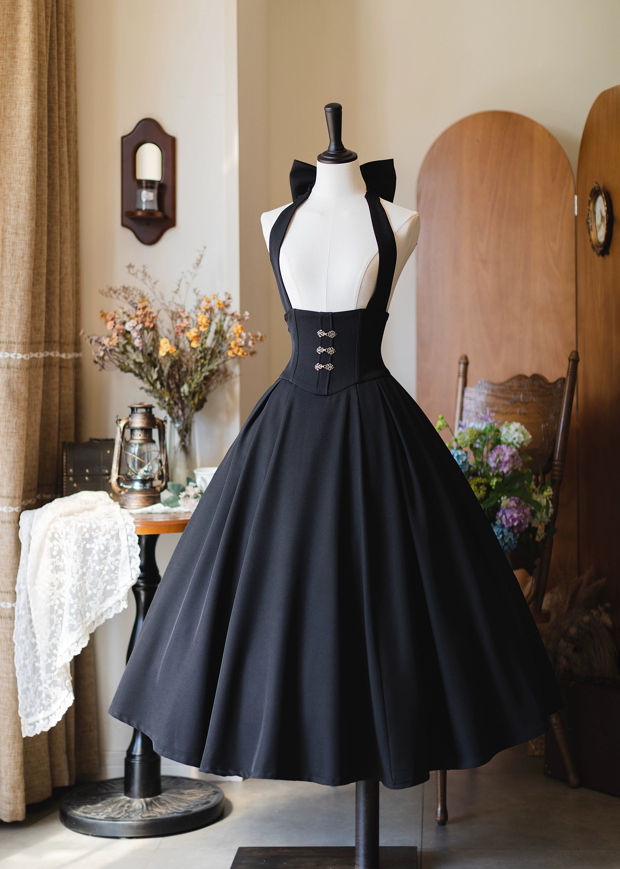Forest Wardrobe - Vintage Lolita Fishbone Halter SK, Autumn Jacket S Halter Skirt Only - Black Long Version
