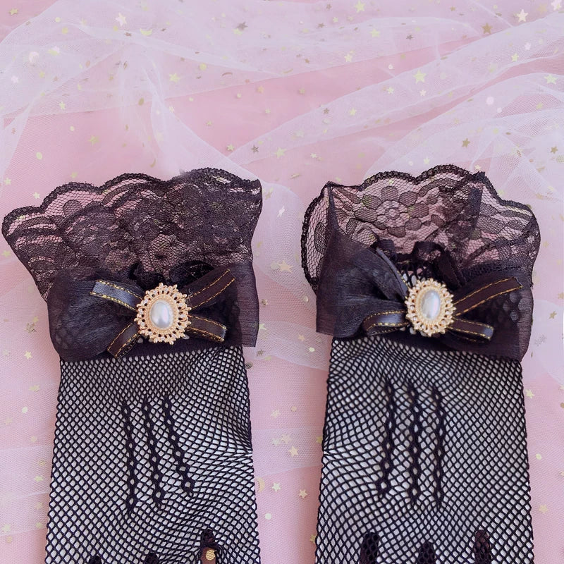 Handmade Lolita Wedding Lace Gloves One size White Mesh Gloves (with bow)