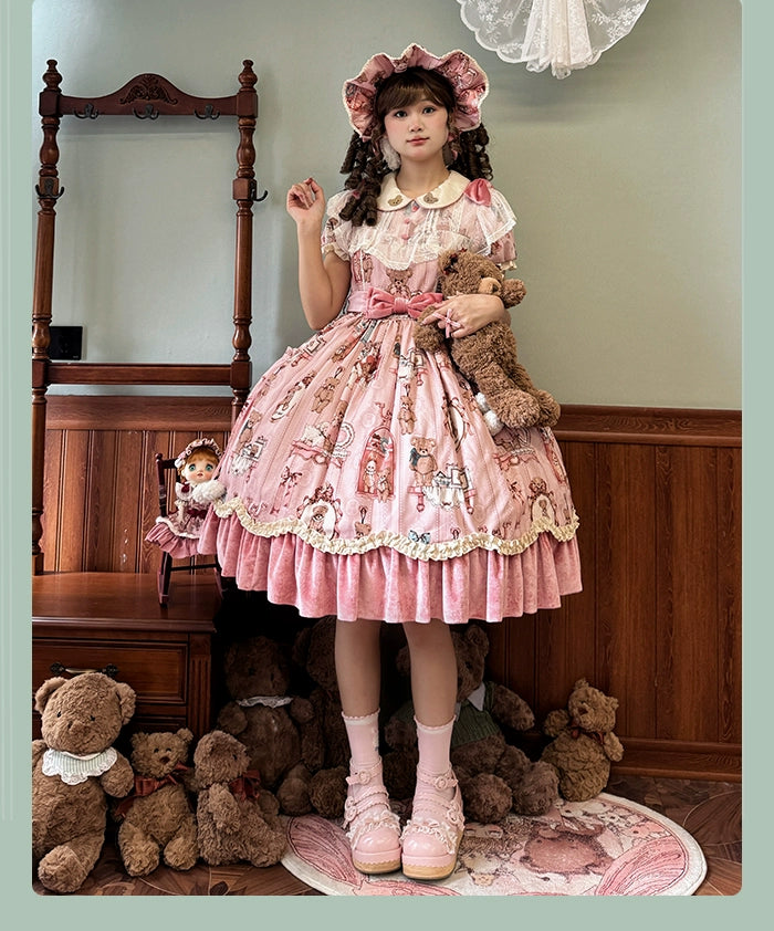 Alice Girl~Bear Doll Wall~Sweet Lolita OP Lovely Bear Print Dress   