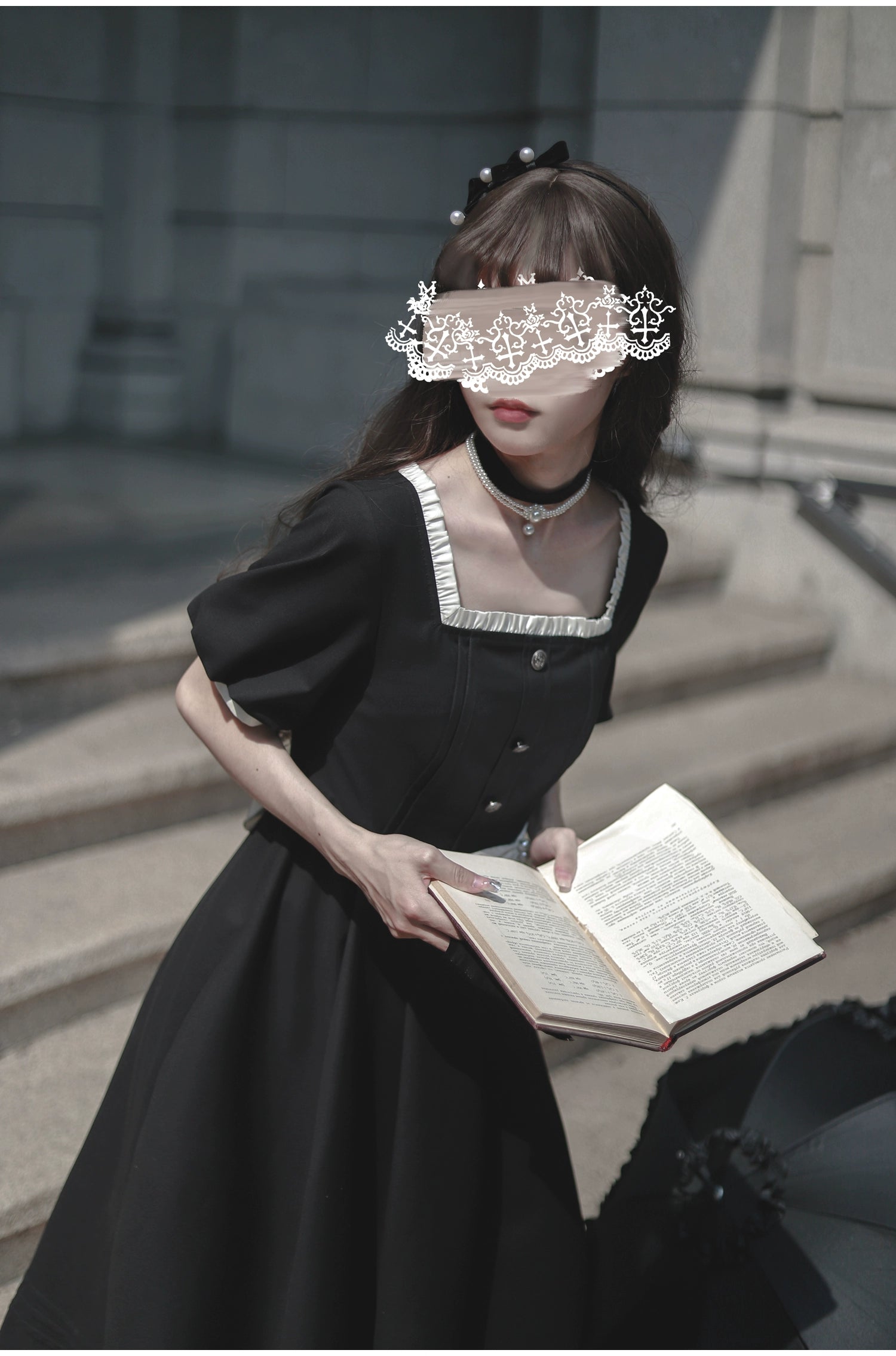 (BFM)HuTaoMuJK~Thoughts~Vintage Lolita OP Dress Square Neckline Black Lolita Dress 35832:504722