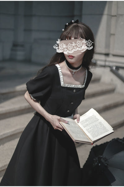 (BFM)HuTaoMuJK~Thoughts~Vintage Lolita OP Dress Square Neckline Black Lolita Dress   