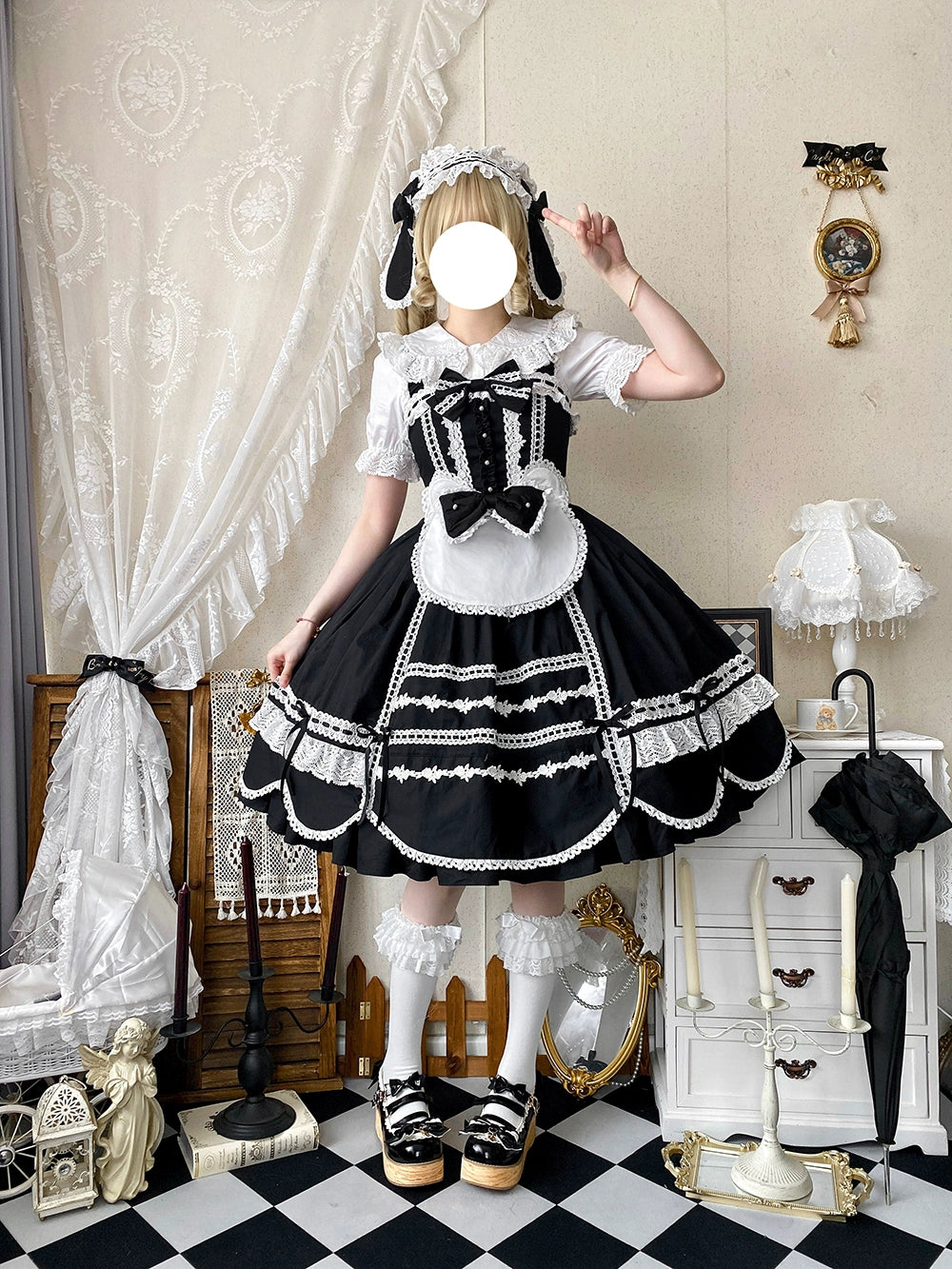 Vintage Petal Rabbit - Cotton Old School Lolita JSK Dress With Petal-Shaped Hem 43136:769593