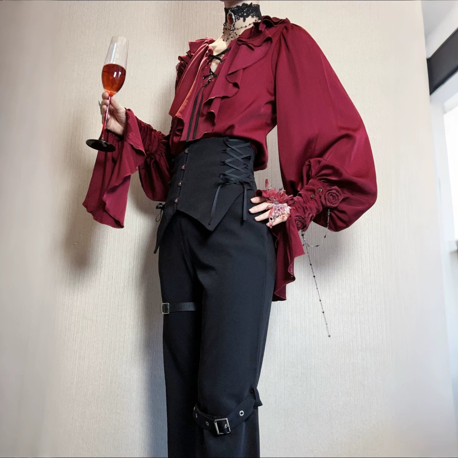 Ouji Lolita V-Line Backless Blouse & Slight Flare Pants 45671:858323