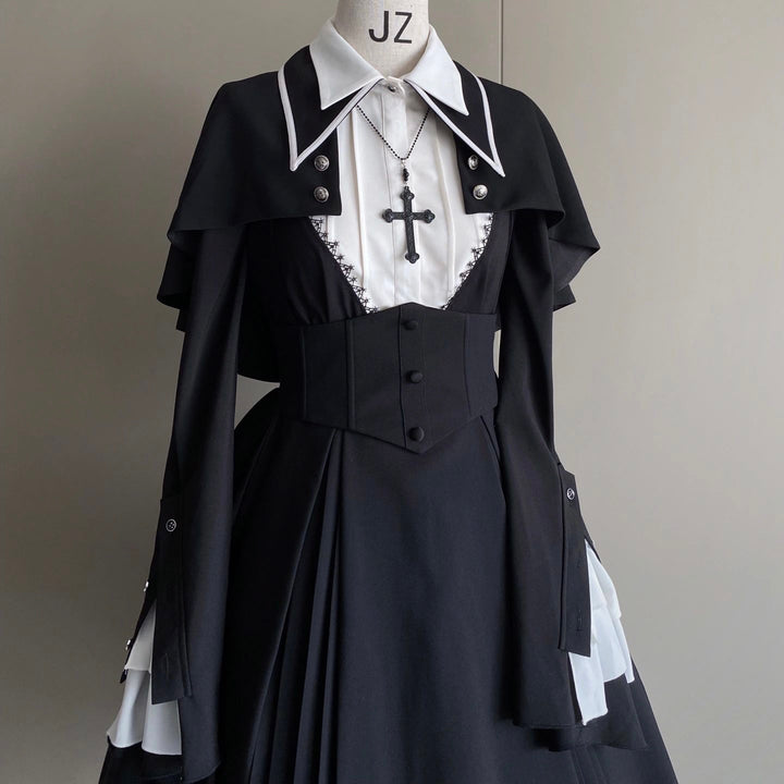 Cute Girl~Cross Praise~Gothic Lolita OP Dress Nun Style Long Sleeve Dress S Cape + Shirt + Suspender Waistband Skirt (Includes Necklace) 