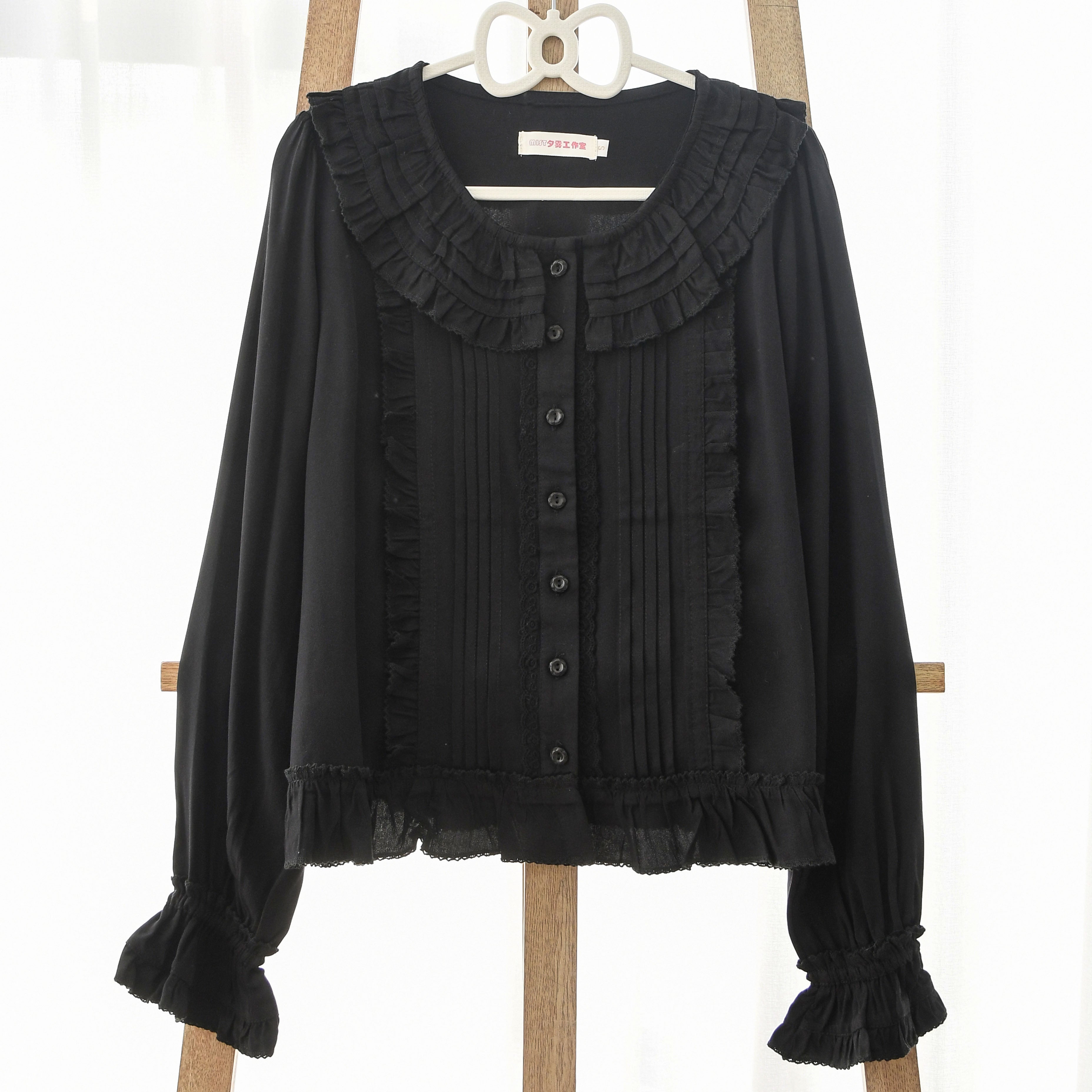 MIST - Wine Drunk Rose - Sweet Cotton Lolita Blouse with Ruffles and Pleats Black blouse only S