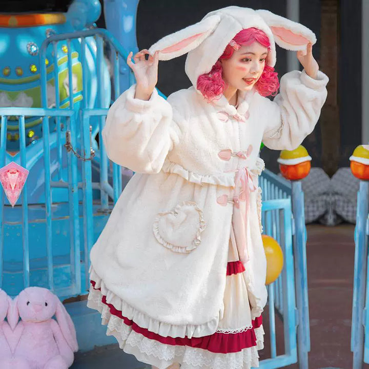 ZhiJinYuan~Long Ear Bunny~Kawaii Lolita Coat Fleece Bunny Ear Top