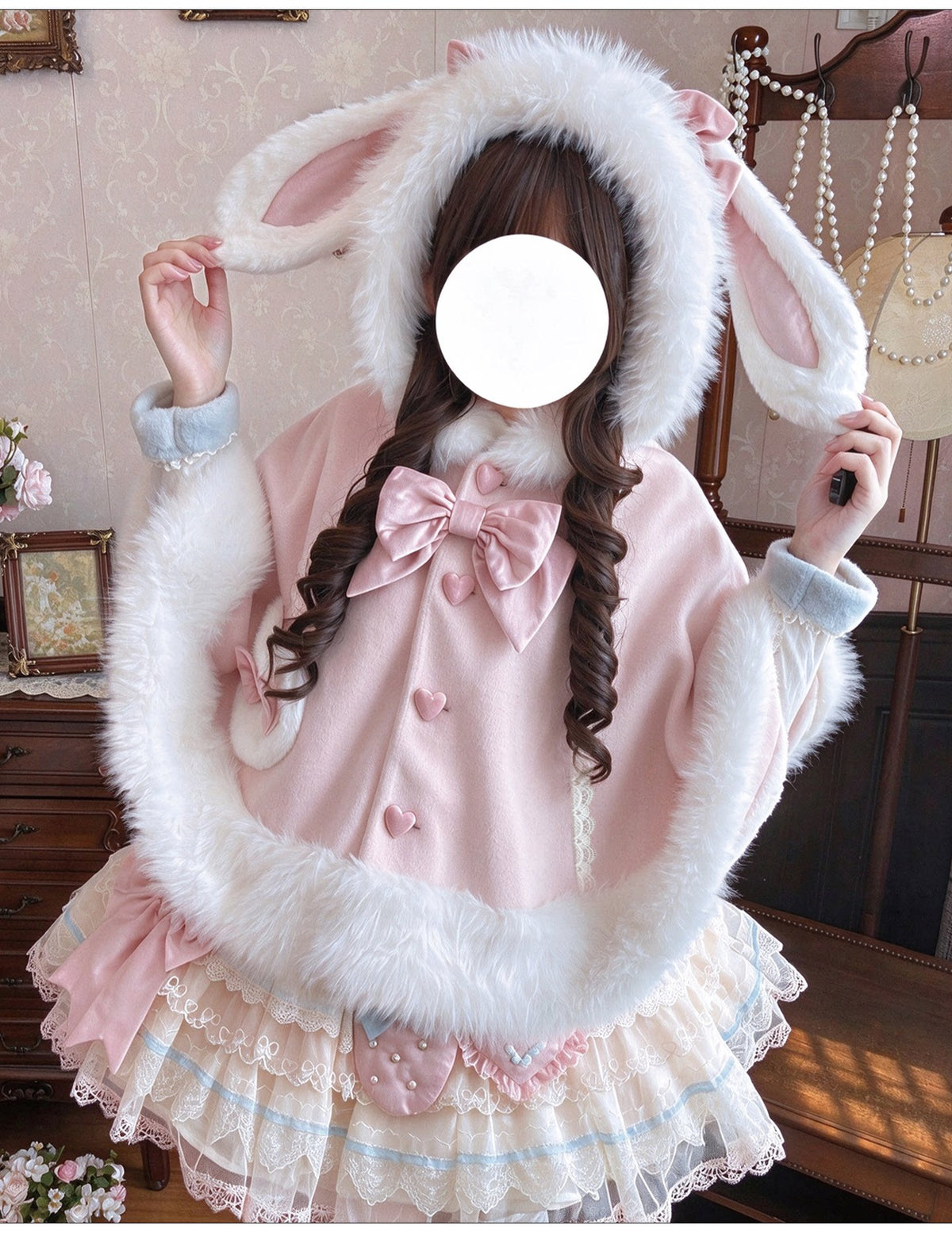 Floppy Bunny Ear -Sweet Lolita Winter Fleece-Lined Cape Coat with Bunny Ears