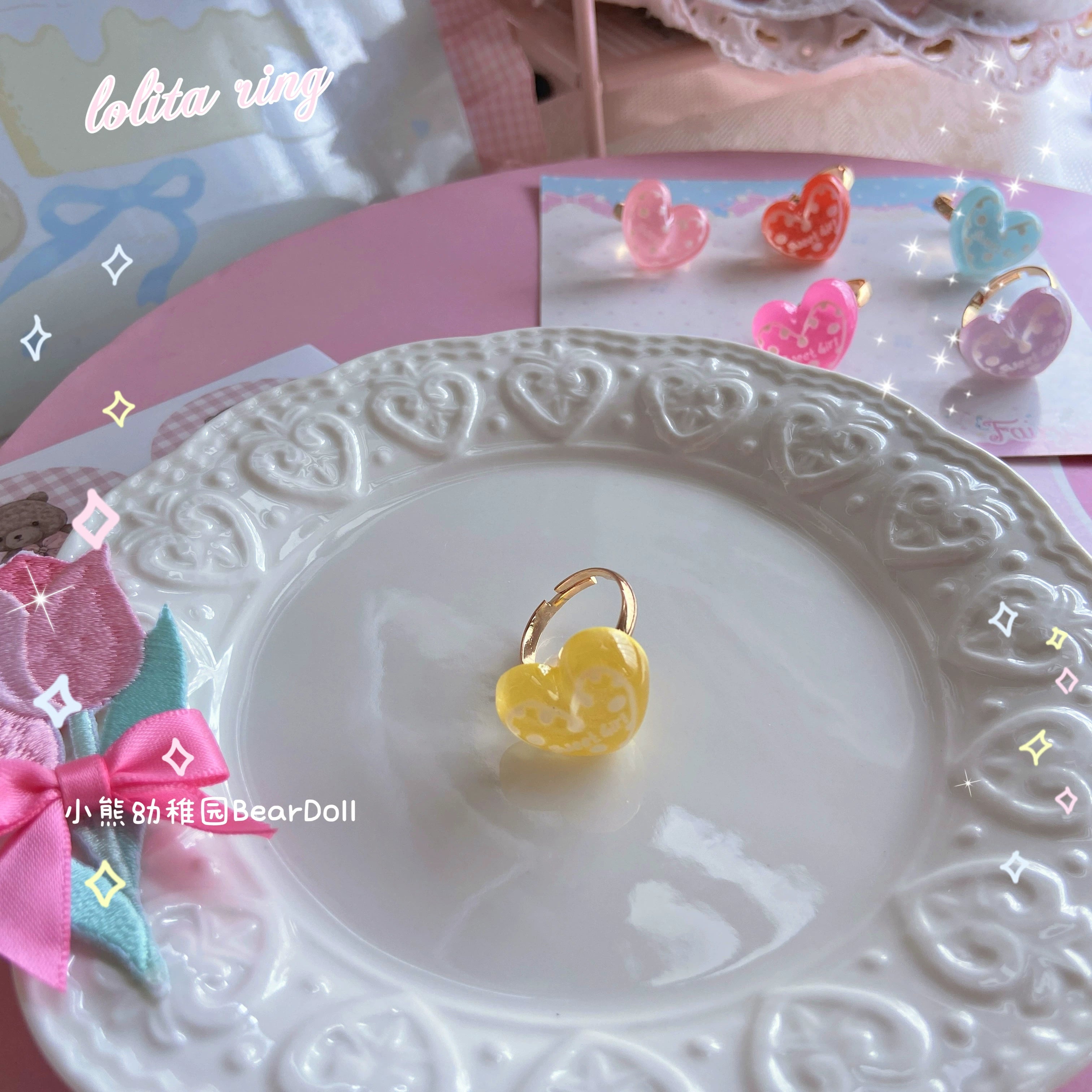 Bear Doll - Kawaii Lolita Ring Adjustable Shell Heart Shape Accessories Yellow heart One Size
