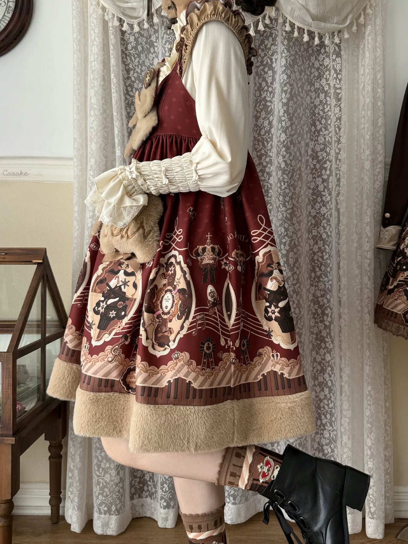 Cream Bear - Print Kawaii Lolita Fake Two-Piece OP, A-lined JSK Dress 44502:811618