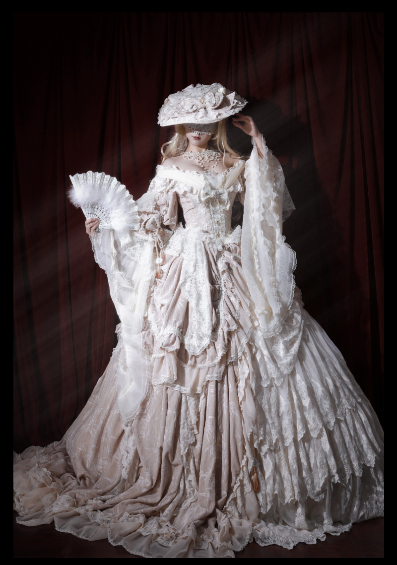 Guaji~Isabella~Wedding Lolita OP Bridal Dress with Tiered Petticoat and Trailing