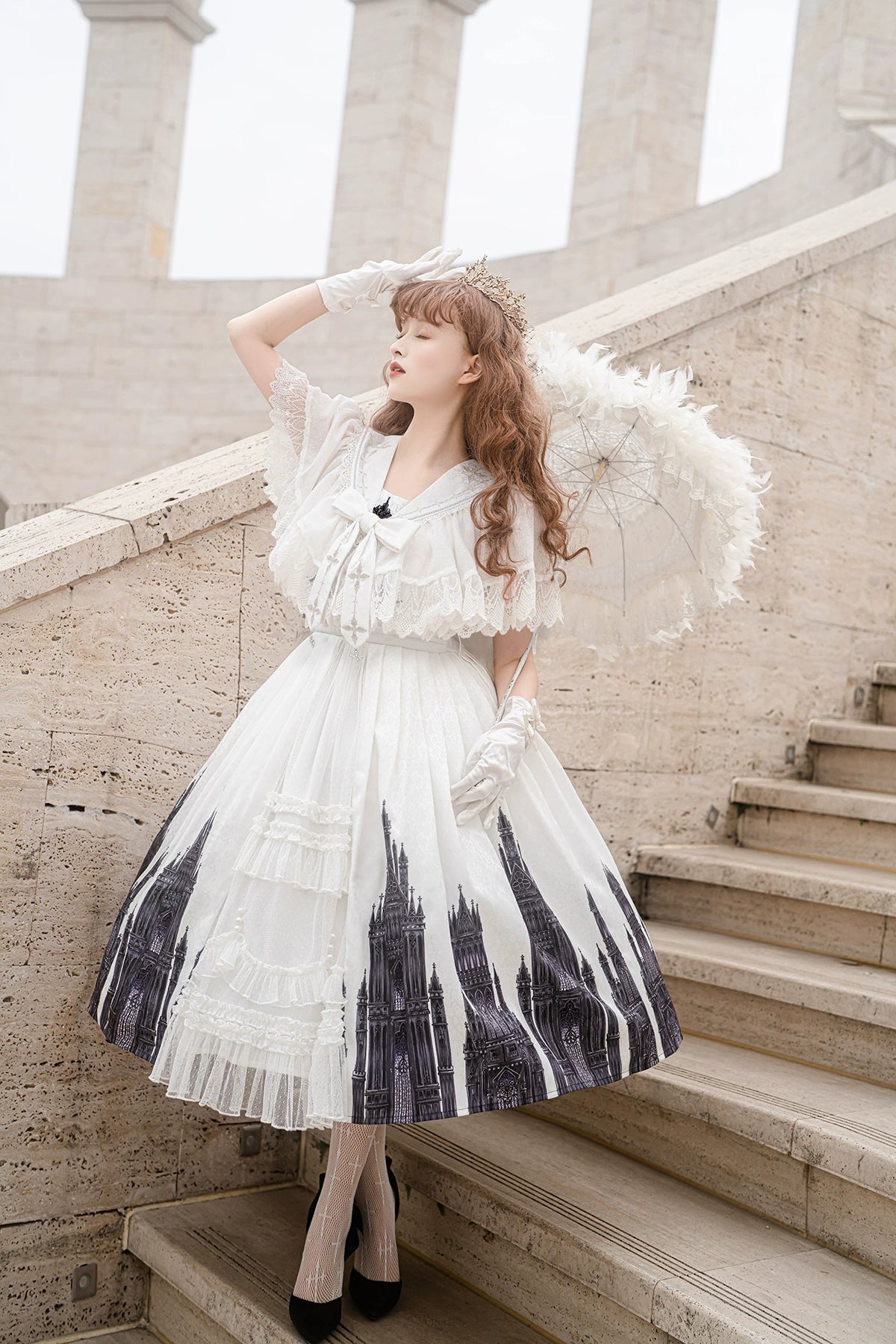 Cornfield Lolita - Silent Church - Gothic Lolita JSK Dress Printed Dress Thin Shawl Set