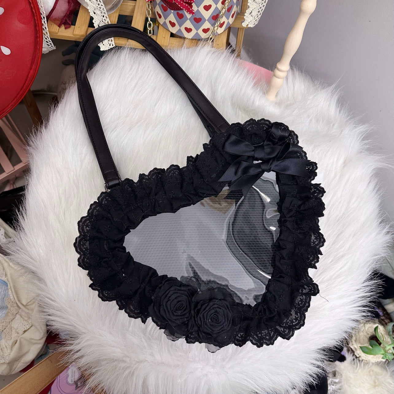 Chestnut Lolita - Sweet Lolita Bag Heart-shaped Lace Bag Multicolors black bag