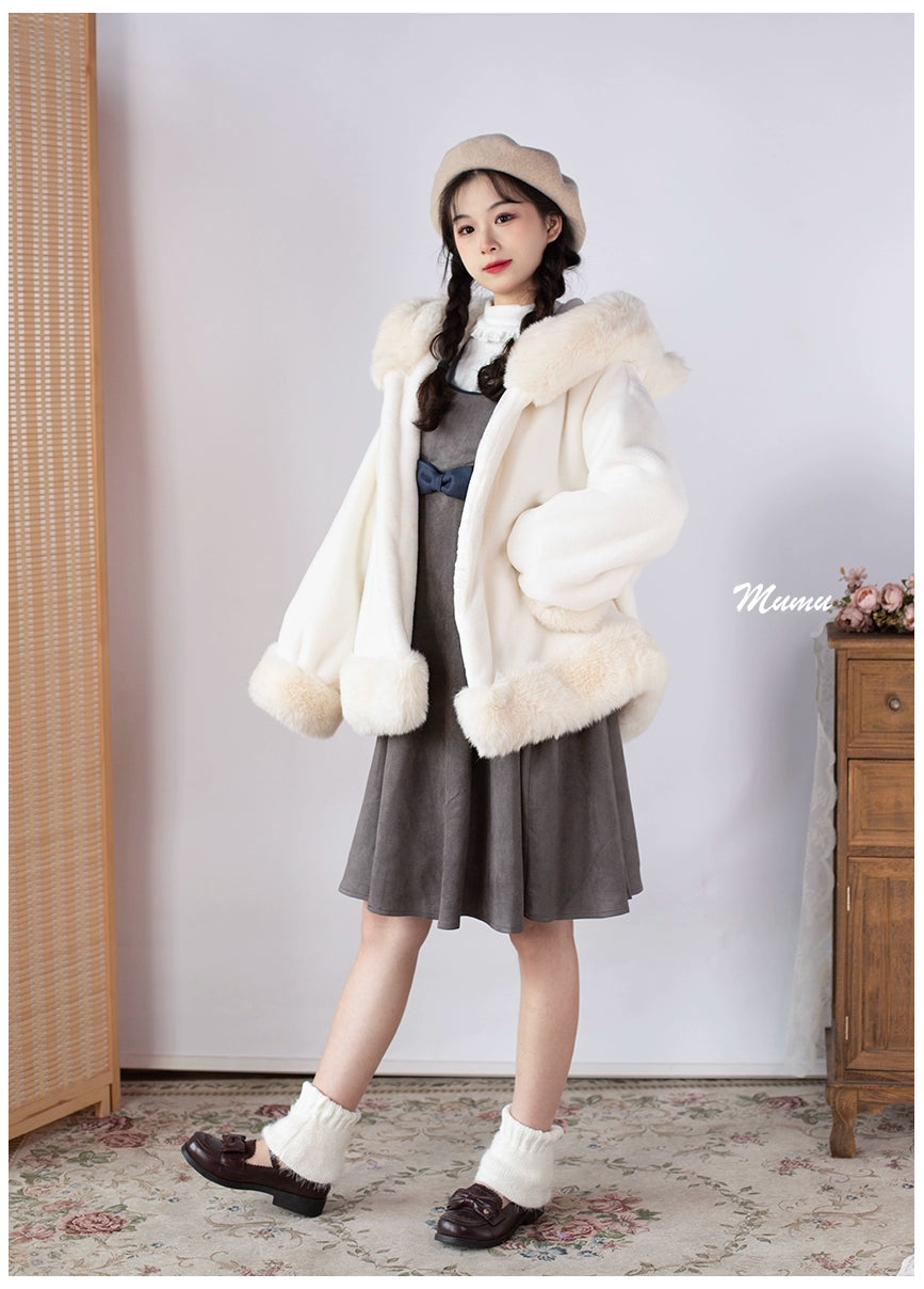 Mumu~Fluffy Winter Lolita Coat Cat Embroidery Hooded Coat   