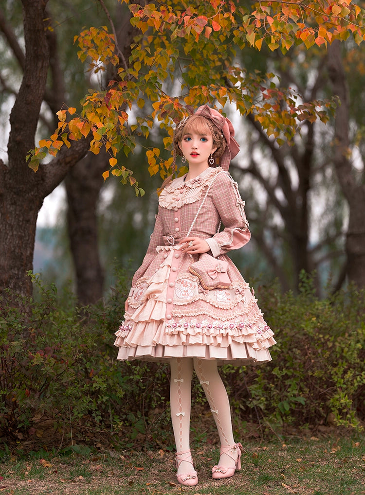 Youpairui~Helford~Sweet Coordinated Lolita Suit Pink Plaid Lolita SK Set   