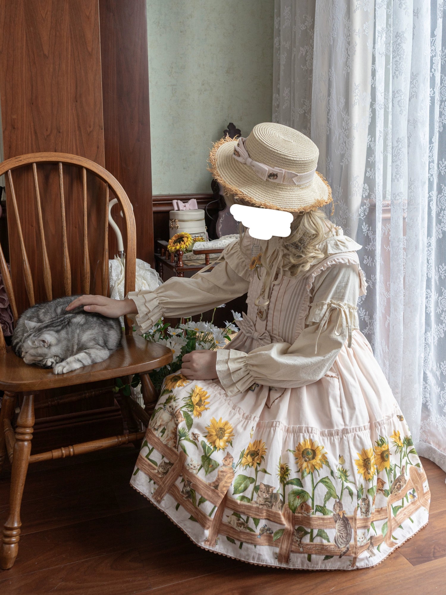 Polaris Lolita - Cat and Sunflower - Sweet Lolita JSK Cat and Sunflower Print Dress and Headdress Set