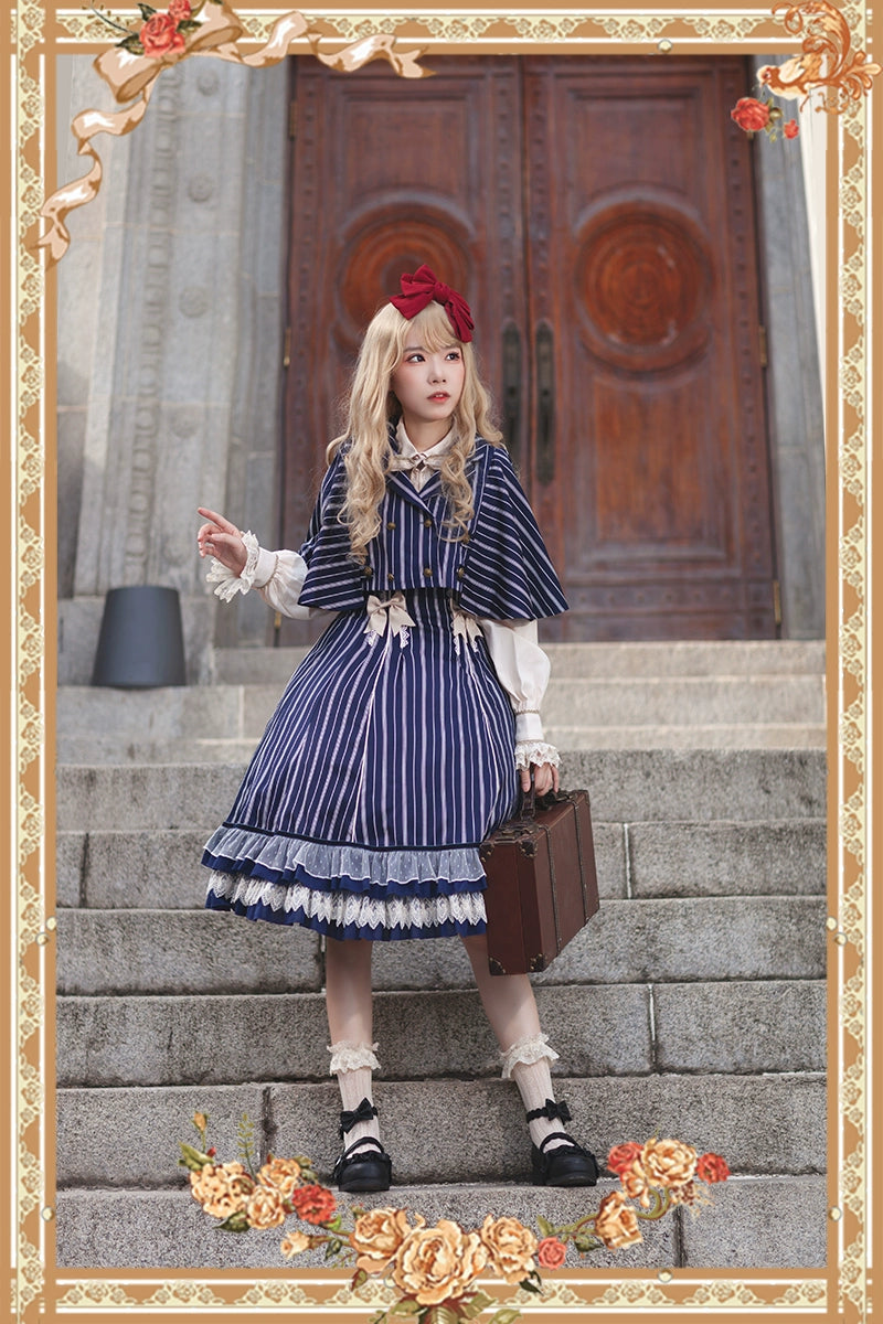 Infanta - Elegant Lolita Stripe High-waist Jumper Dress Set and Cape
