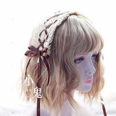 (BFM)Xiaogui~Japanese Style Sweet Lolita Lace Headband Multicolors Coffee Brown + Cotton Headband  