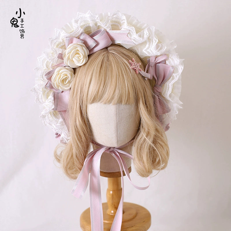 Xiaogui - Sweet Lolita Headdress Pink Handmade Christmas Accessories bonnet with a clip