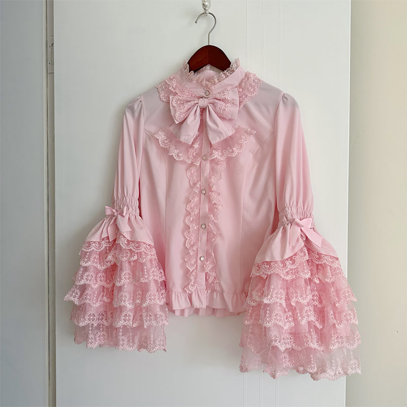 Hanguliang - Spring Awakening - Sweet Lolita JSK and Princess-Sleeved Shirt with Lace Detail Pink - Blouse Only S