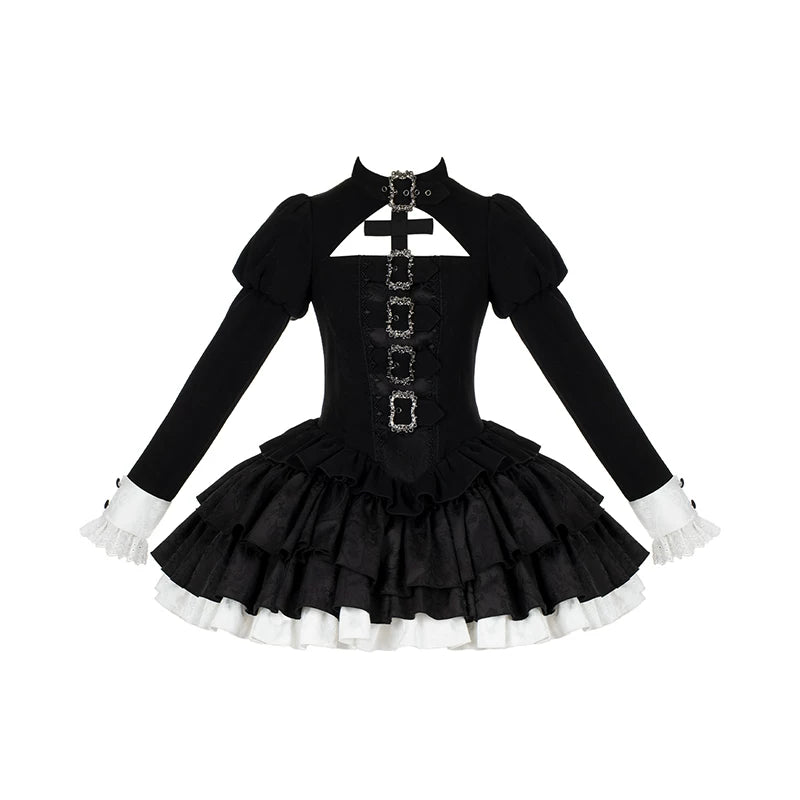 Klein - Black and White Gothic Lolita OP Dress Set, Metal D-rings (L M S) 45996:871446