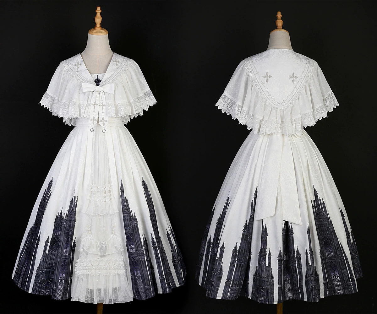 Cornfield Lolita~Silent Church~Gothic Lolita JSK Front Open Printed Dress and Thin Cardigan Set 36966:541994